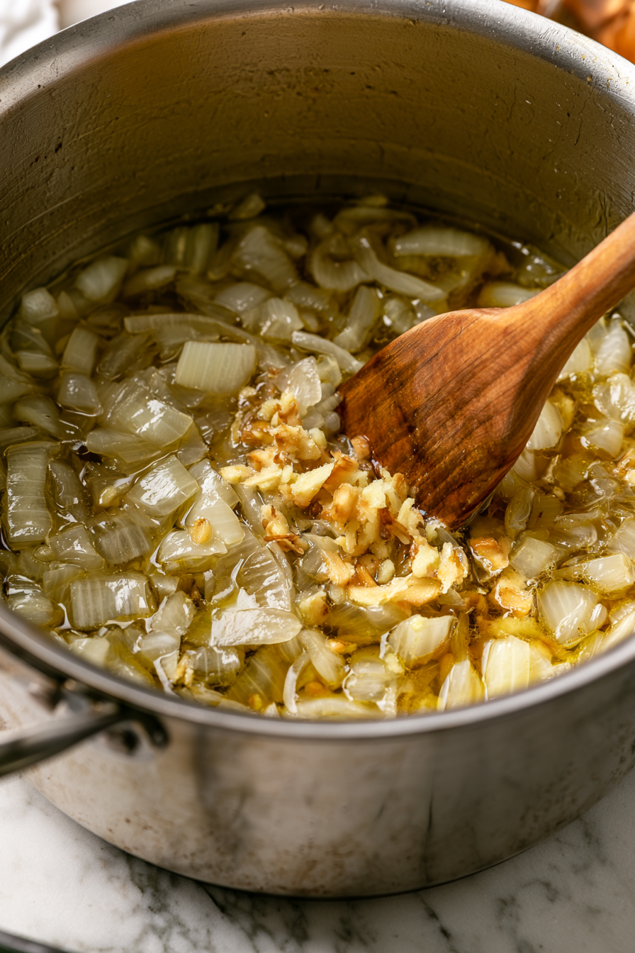 Add the grated ginger to the onions, cooking for another minute until fragrant