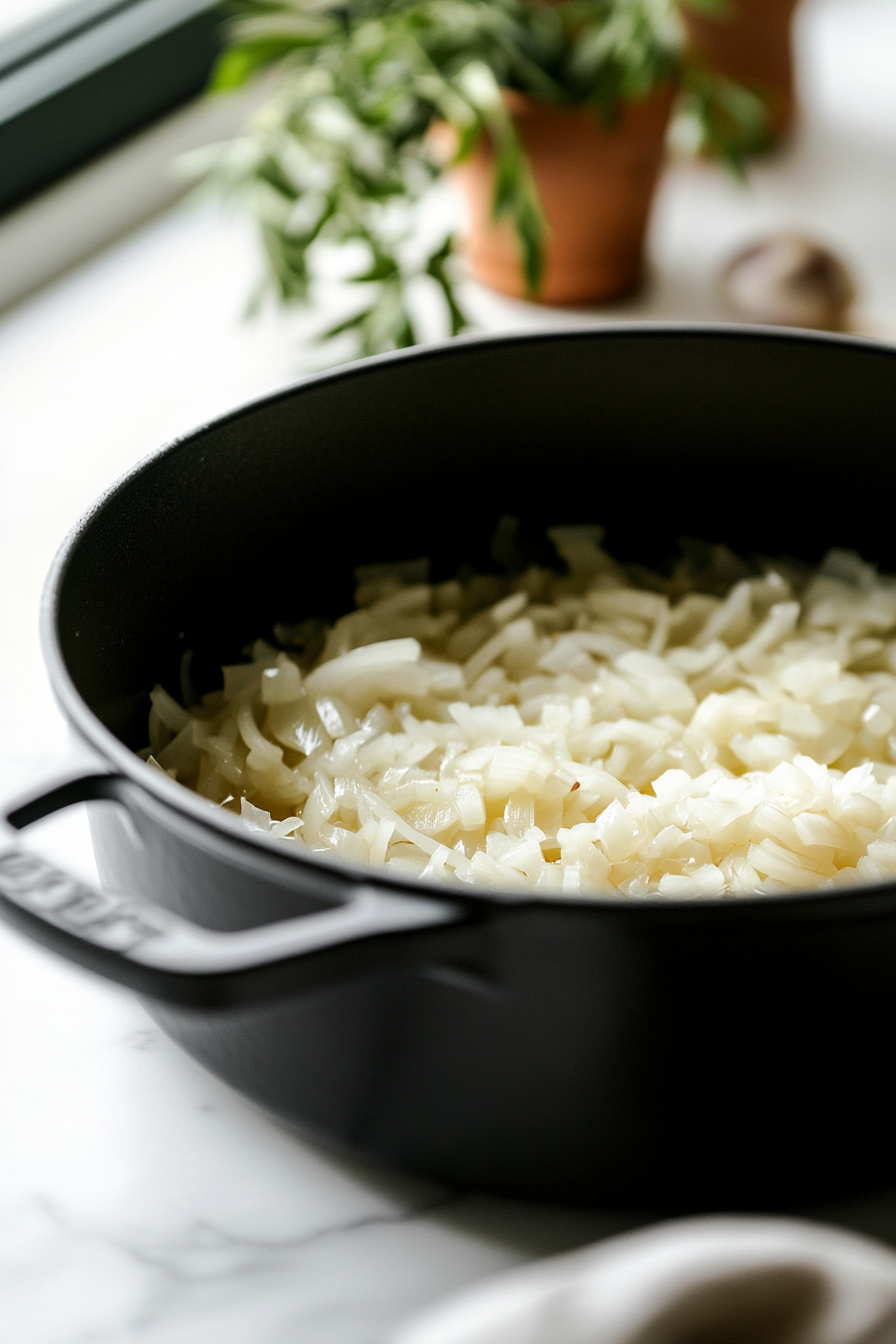 Add the minced garlic to the pot and cook for another minute until it begins to scent the air and becomes slightly golden.