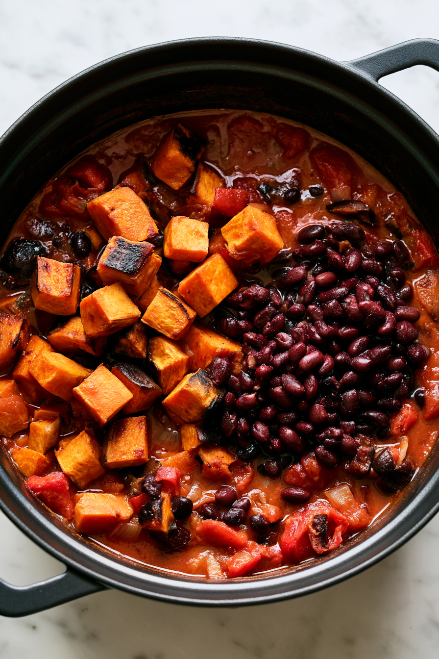 Add the roasted sweet potatoes to the pot along with the drained black beans. Stir everything together
