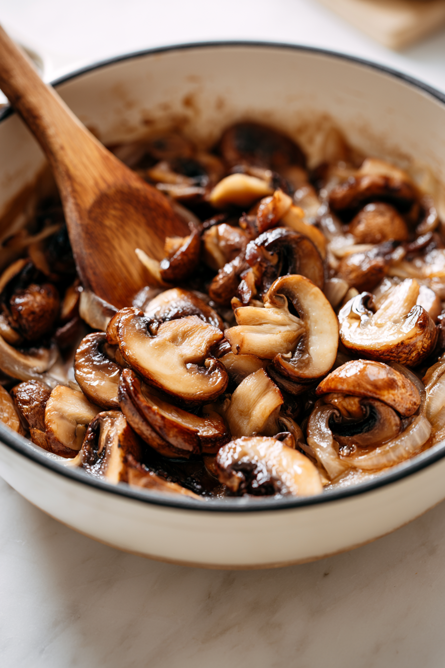 Add the sliced mushrooms to the pan and cook, stirring occasionally, until they release their moisture and turn a rich brown