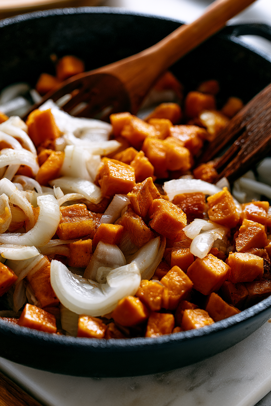Add the sliced onion to the skillet with the sweet potatoes, cooking until the onions are translucent and fragrant, about 3-4 minutes.