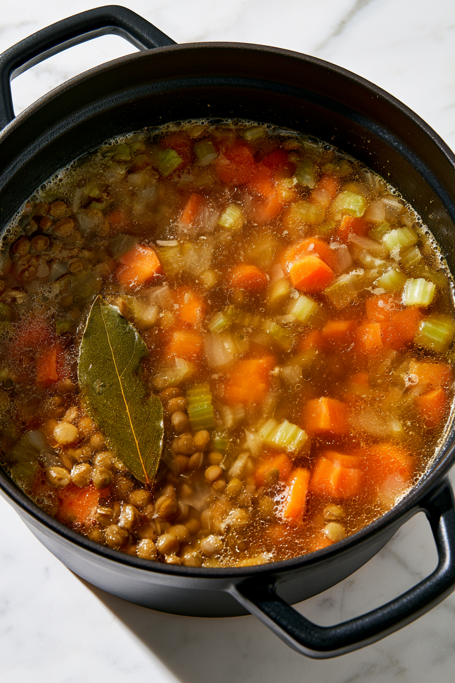 Add the vegetable broth and bay leaf, then increase heat slightly until the soup begins to bubble