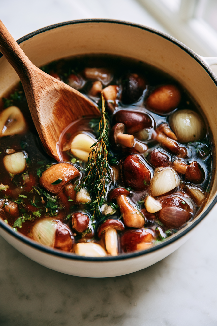 Add the vegetable broth and thyme to the pan. Bring everything to a gentle simmer, then decrease the heat to low and cook uncovered for about 10 minutes