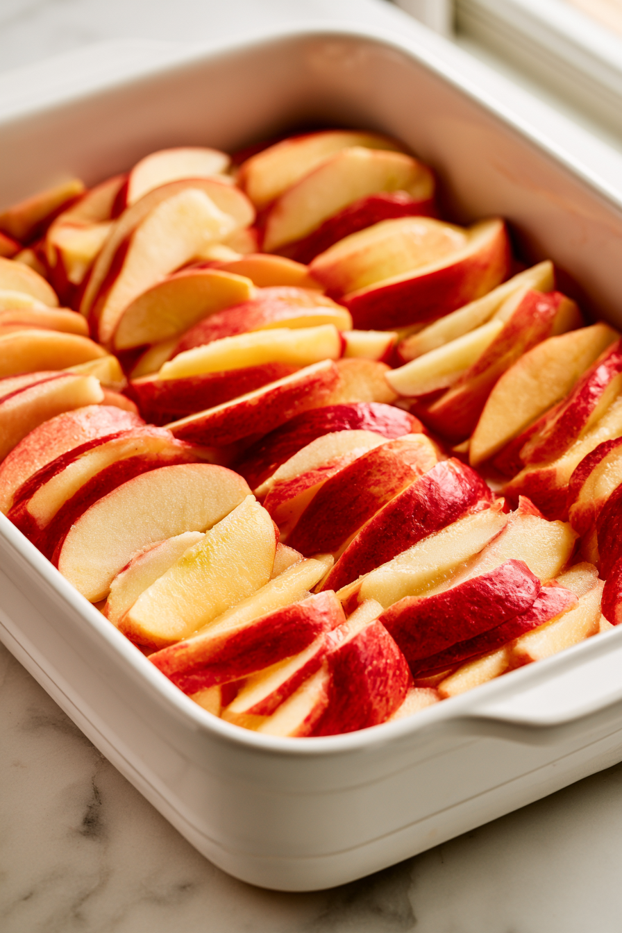 Arrange the sliced apples evenly in the prepared baking dish as the first layer, creating a colorful base