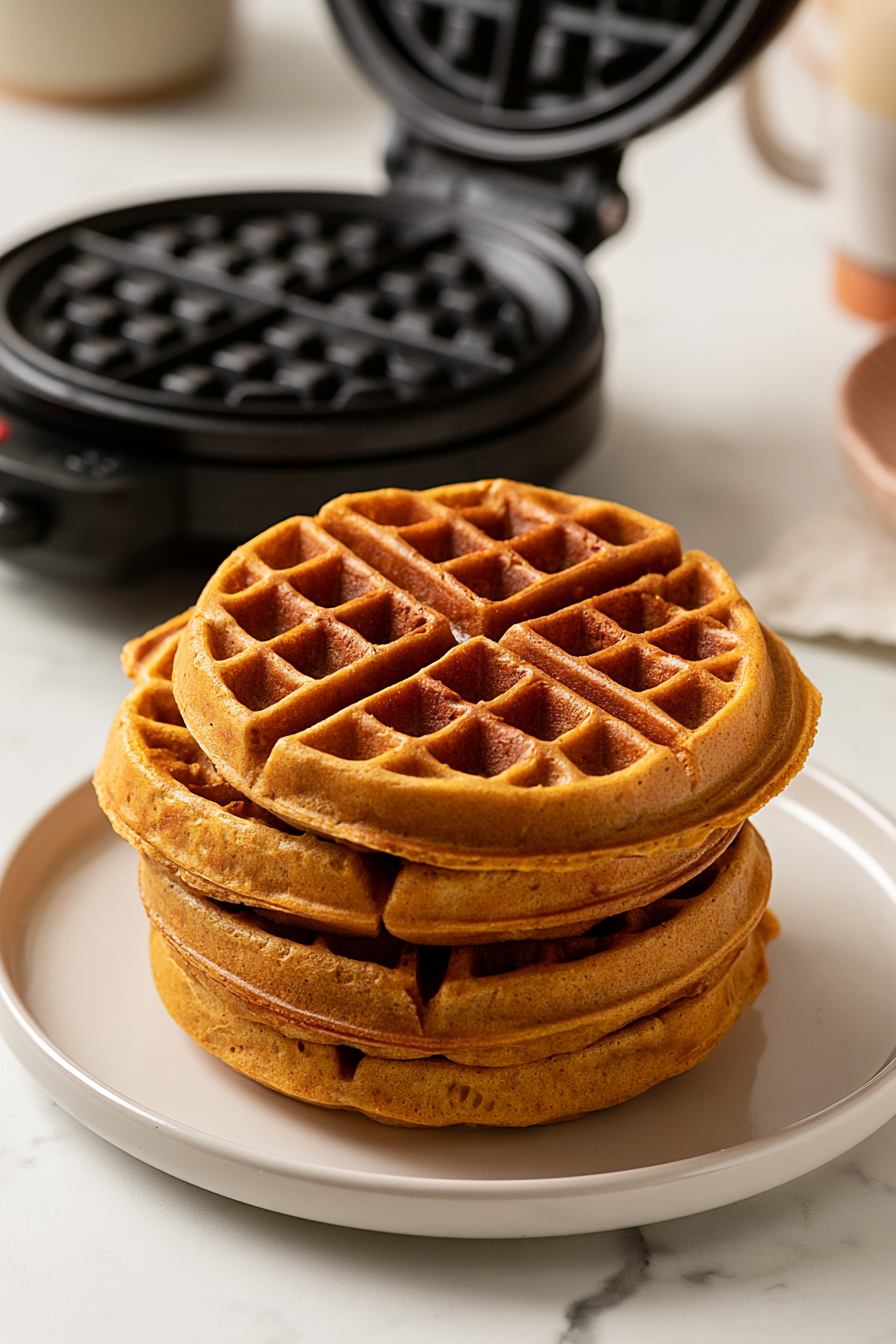 Carefully open the waffle iron, use a fork or spatula to gently lift the crispy waffles free, and transfer them to a plate