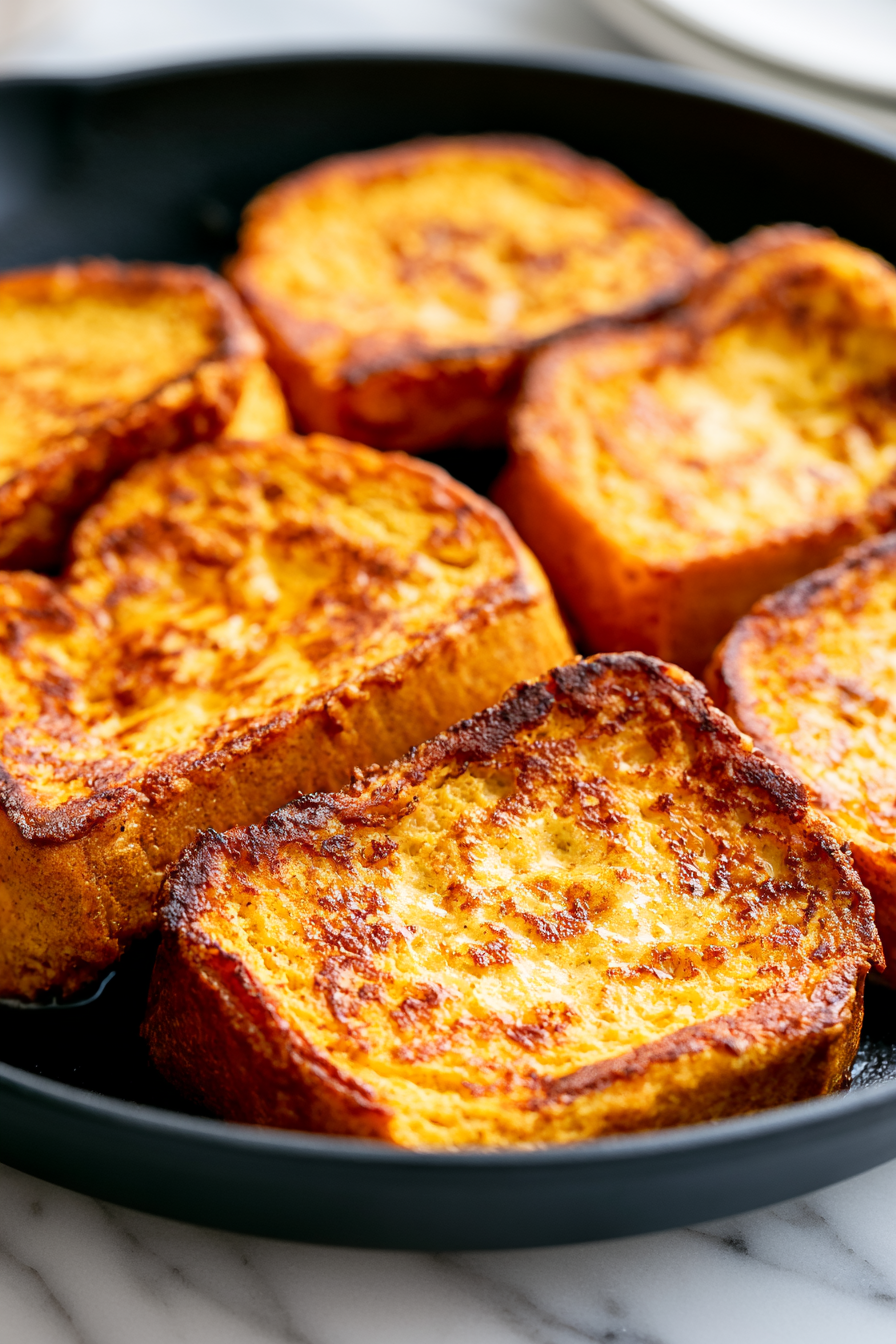 Carefully place the soaked bread slices onto the hot skillet, letting the edges sizzle as they start to cook
