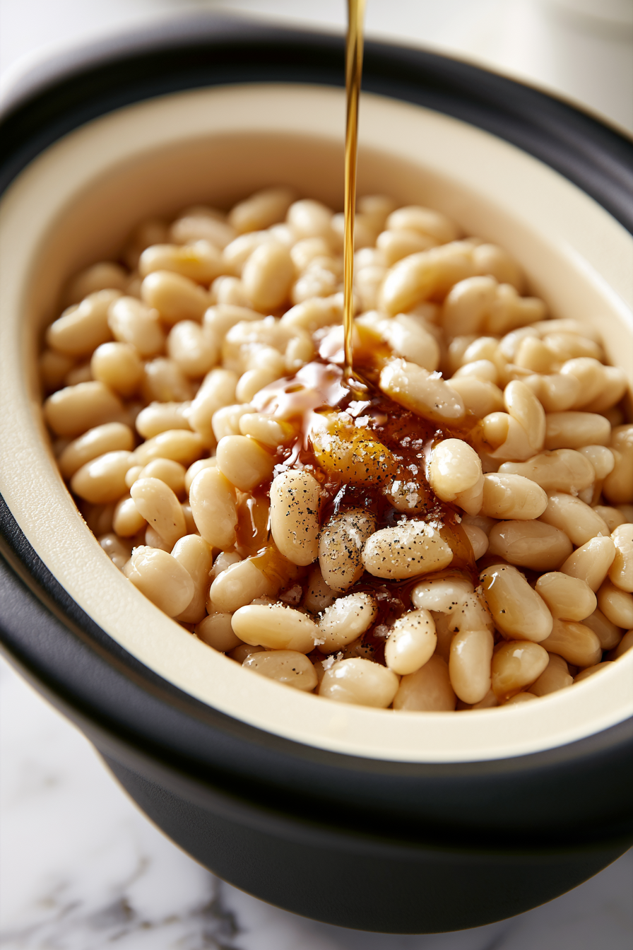 Drizzle the maple syrup over the beans, allowing it to coat the surface evenly. Add salt and black pepper for seasoning