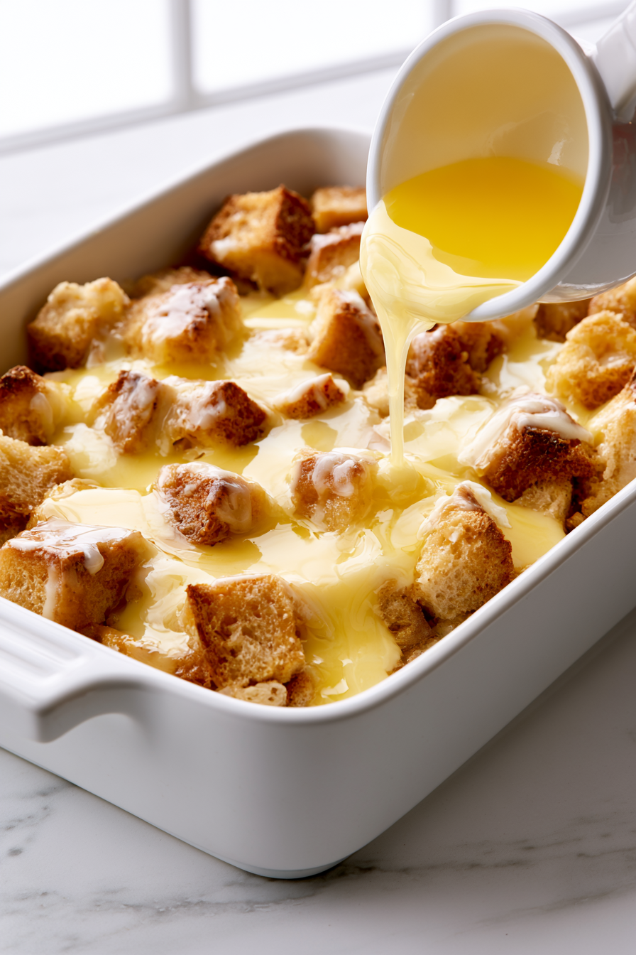 Drizzle the melted butter evenly over the top of the layered dish for a golden, crisp finish during baking