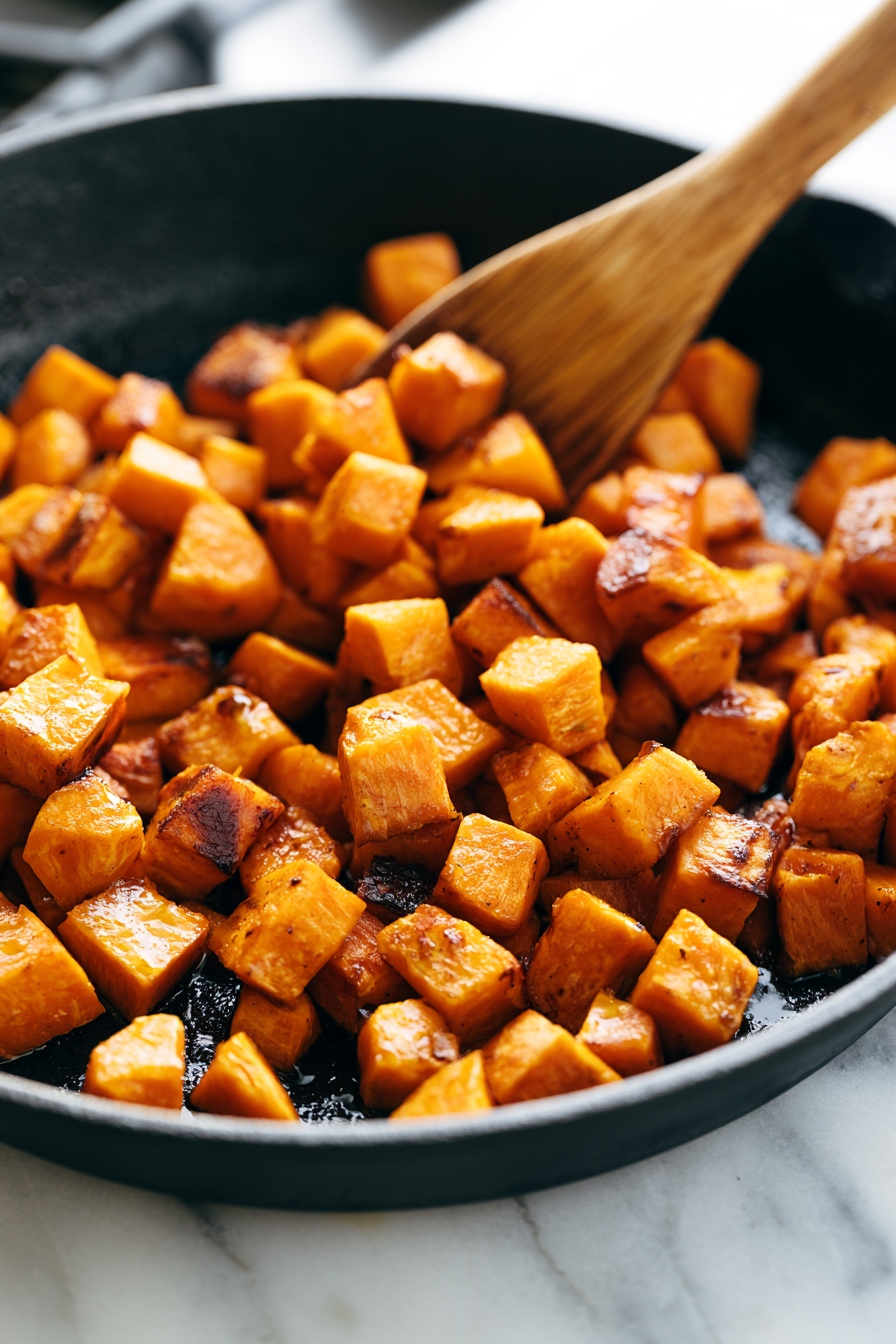 Heat a tablespoon of olive oil in the skillet over medium heat. Add the diced sweet potato and cook, stirring occasionally, until they are tender and lightly browned, about 8 minutes.