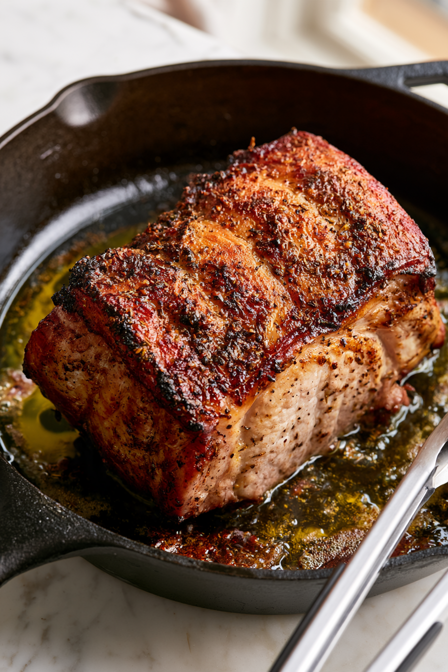 Heat olive oil in a large skillet over medium-high heat. Sear the pork on all sides until deeply browned, about 3–4 minutes per side
