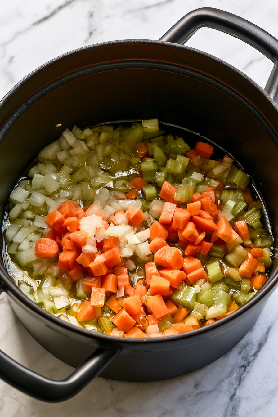Heat the olive oil in a large saucepan over medium heat until shimmering. Add the diced onion, carrots, and celery, and sauté until the vegetables