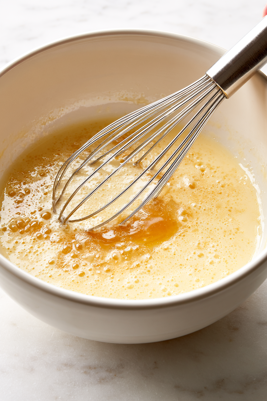 In a large bowl, whisk together the eggs, milk, maple syrup, and vanilla extract until well combined