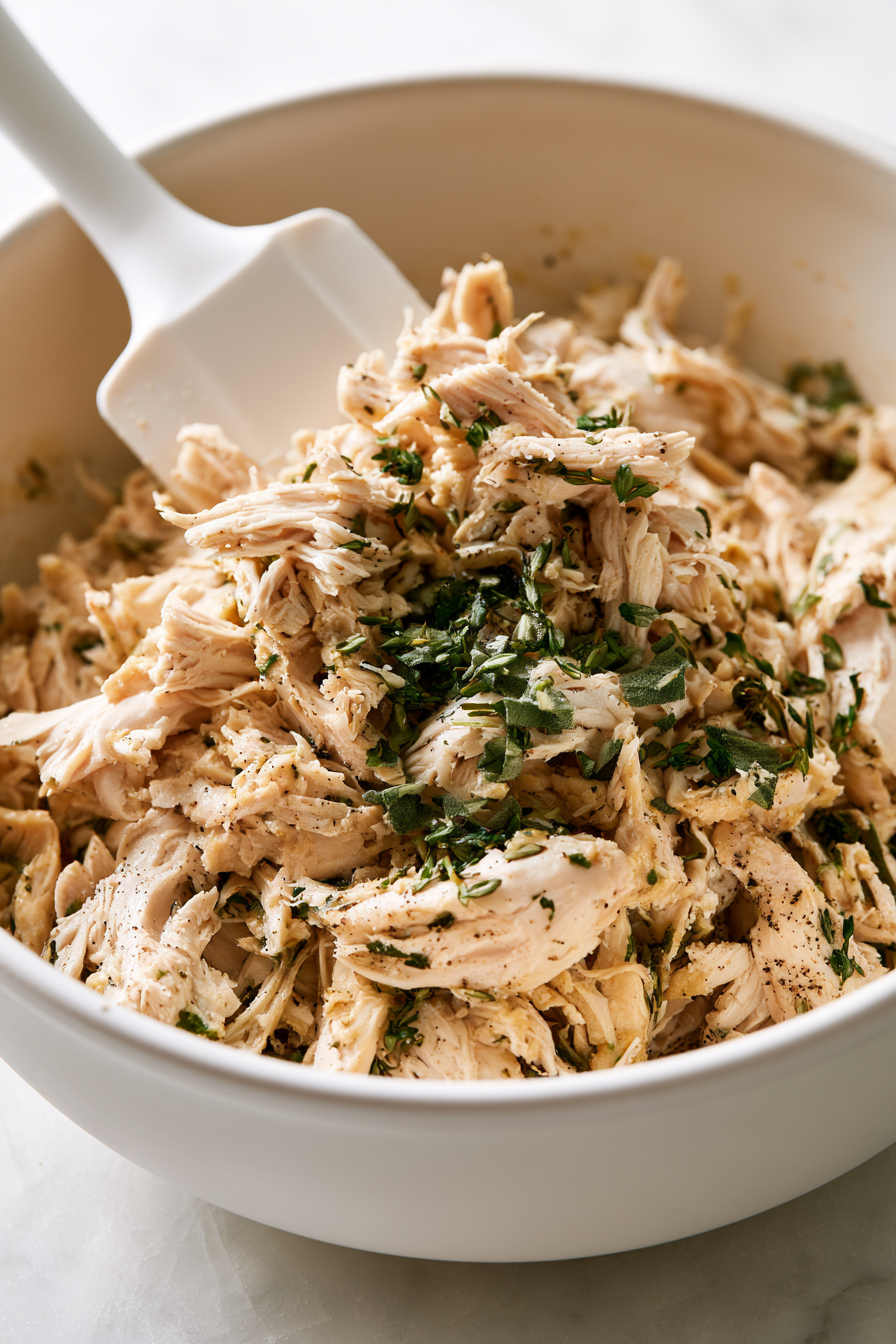 In a large mixing bowl, combine the shredded cooked chicken with chopped herbs, a pinch of salt, and pepper. Toss gently to distribute the herbs evenly throughout the chicken.