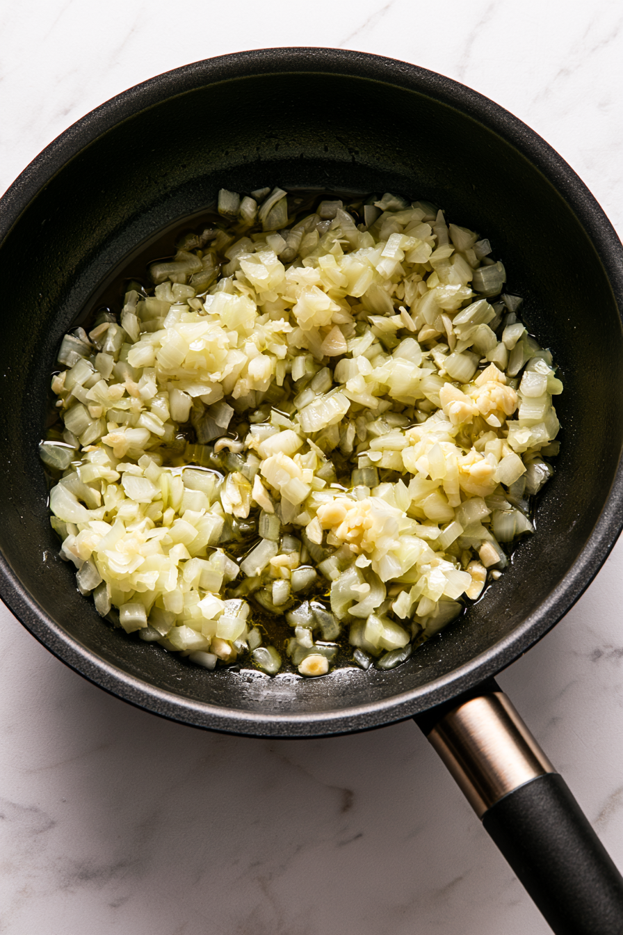 In a large saucepan, heat the remaining tablespoon of olive oil over medium heat. Add the finely chopped onion and cook gently, stirring often, until translucent