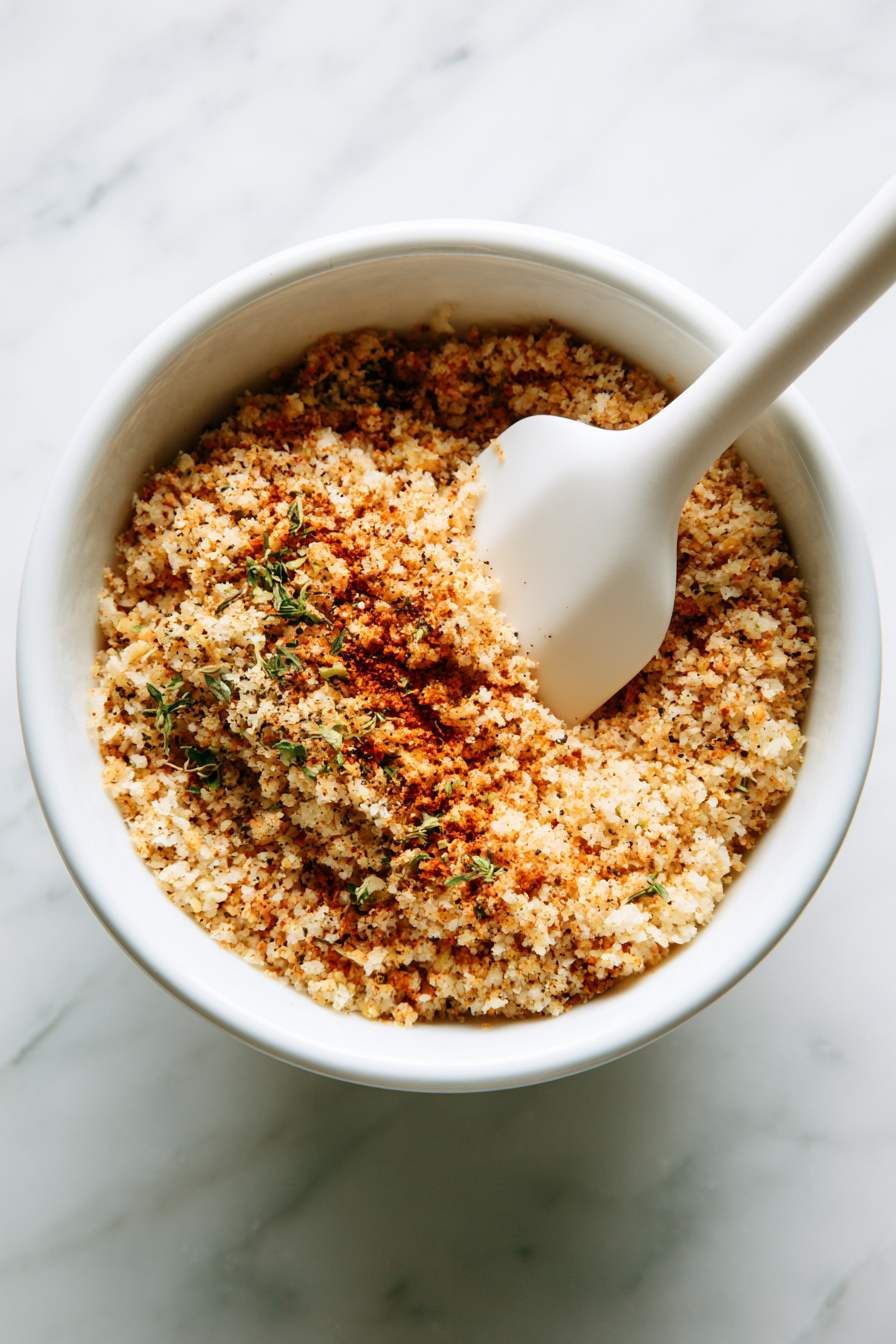 In a small bowl, combine breadcrumbs with olive oil, a pinch of salt, and remaining spices for seasoning.