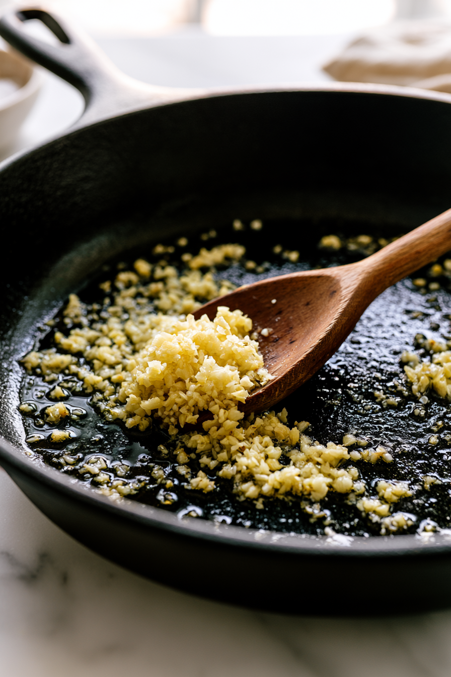 In the same skillet, add a little more oil if needed and sauté the minced garlic until fragrant, about 30 seconds