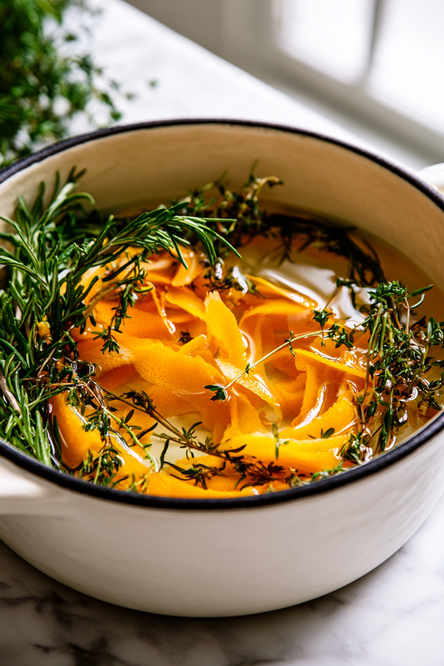 Insert slices of orange peel into the pot, allowing their bright citrus aroma to meld with the herbs as it warms