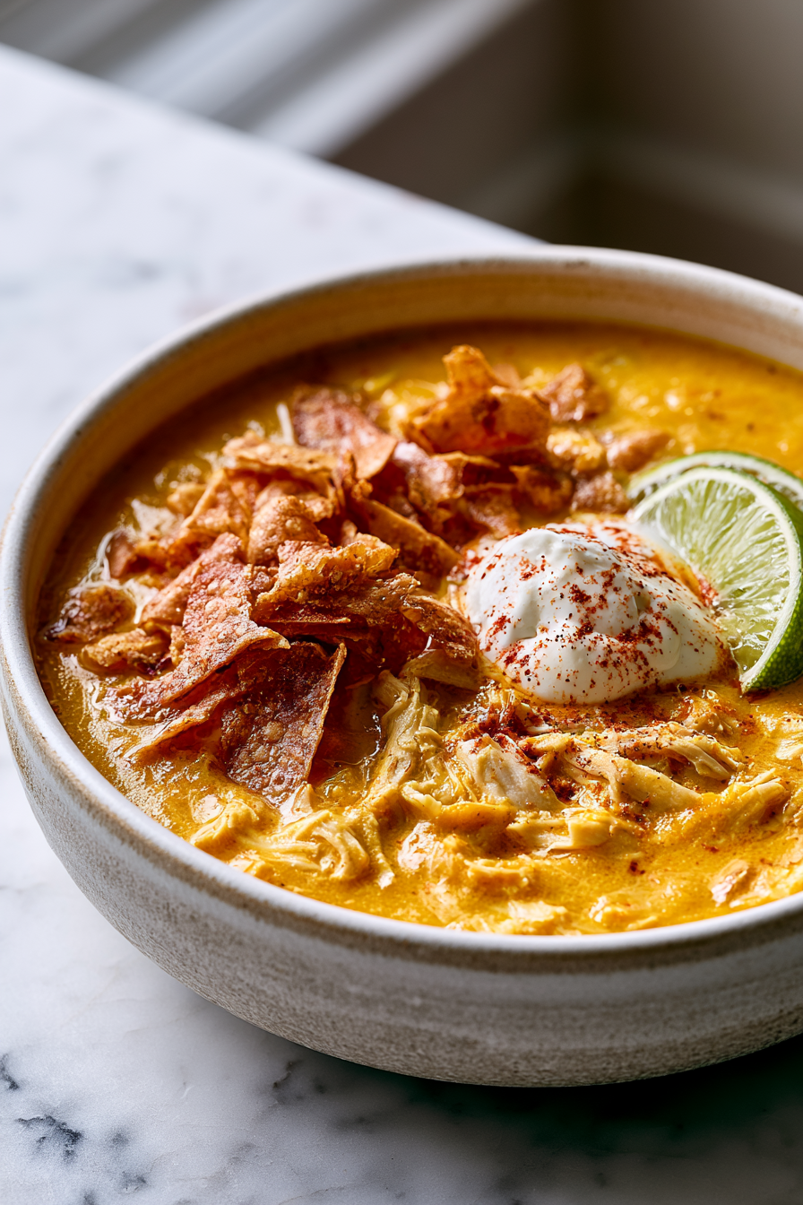 Ladle the hot soup into bowls, top with crushed tortilla chips for crunch