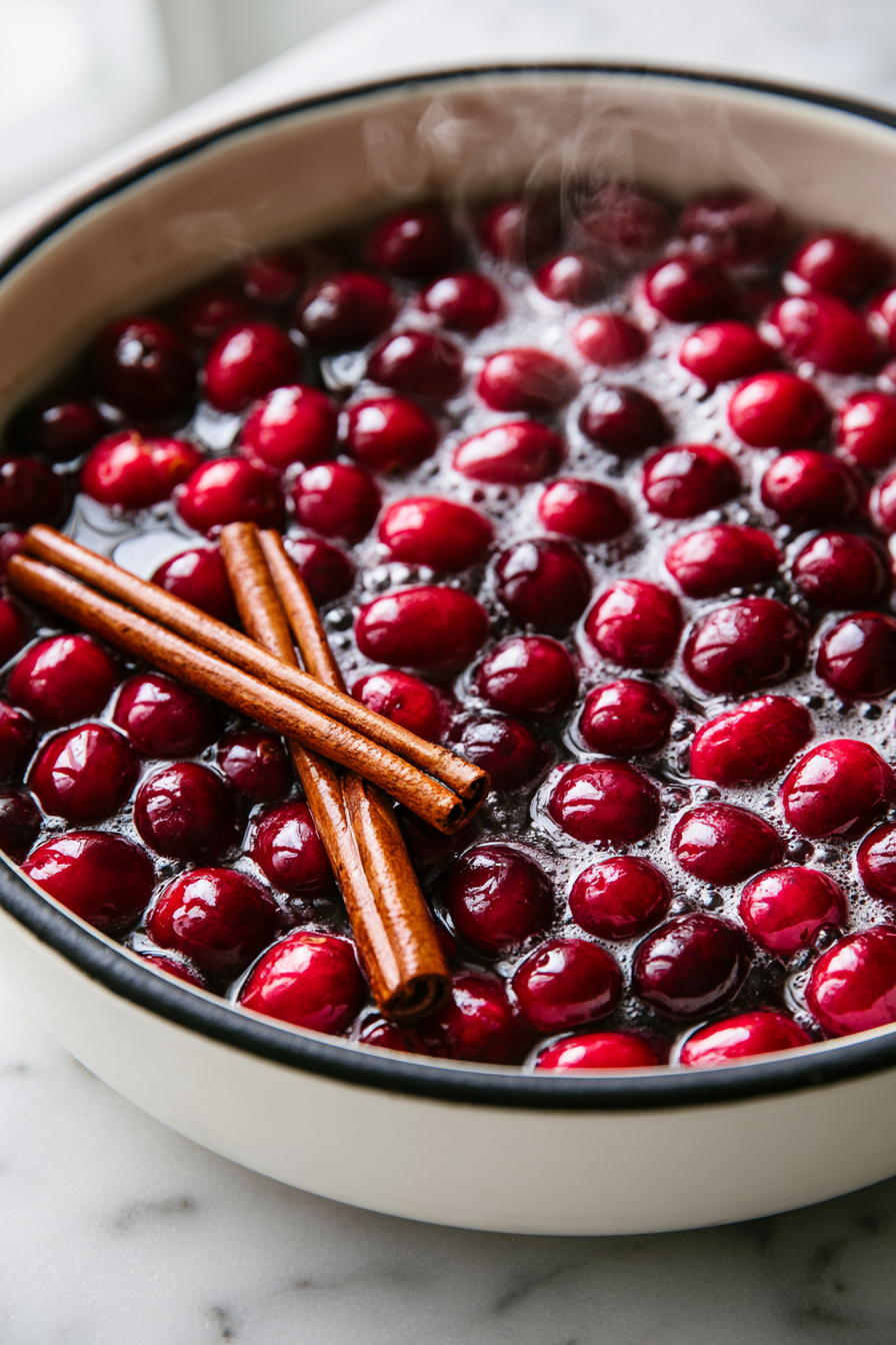 Let the mixture simmer for about 10-15 minutes, until the cranberries soften and release their juice