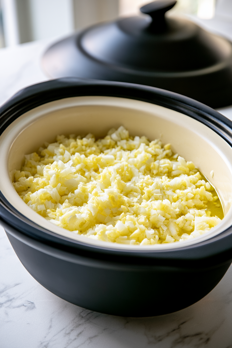 Lightly oil the inside of the crockpot to prevent sticking, then add diced onion and minced garlic