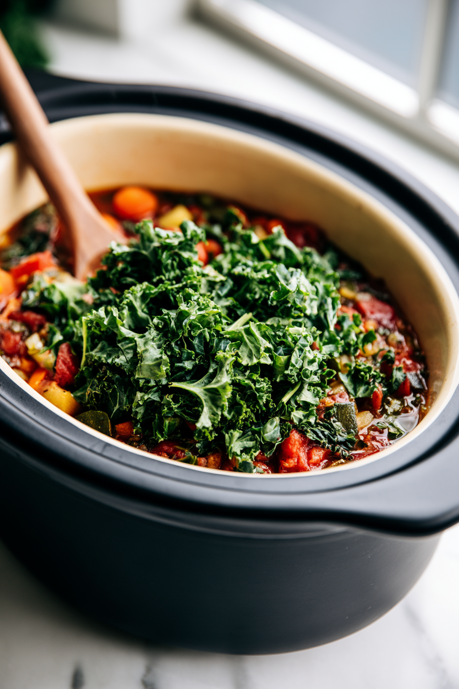 Once cooking is complete, open the lid and stir in the chopped kale