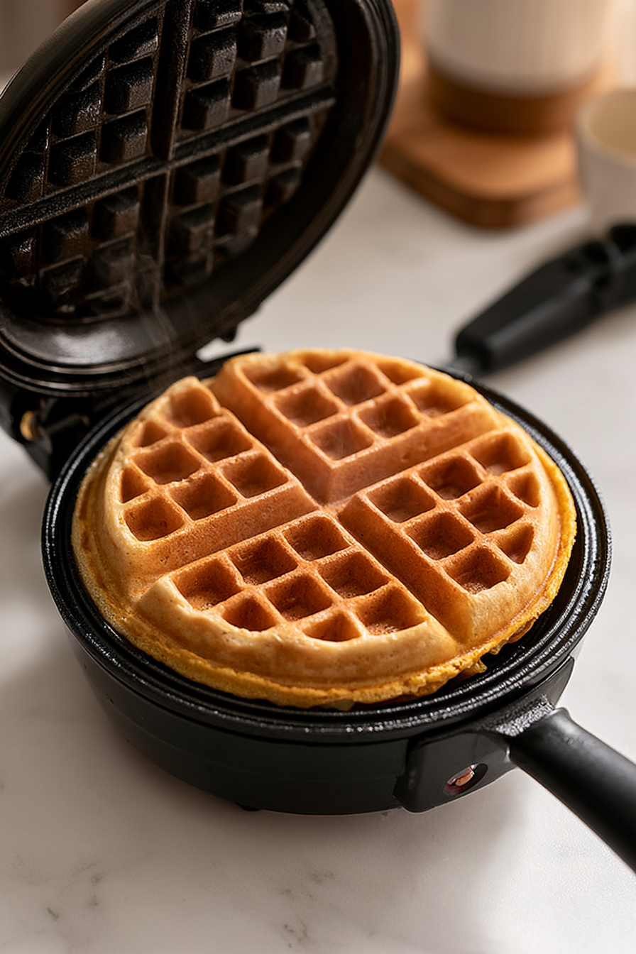 Once hot, pour the batter into the grid, spreading evenly for consistent cooking