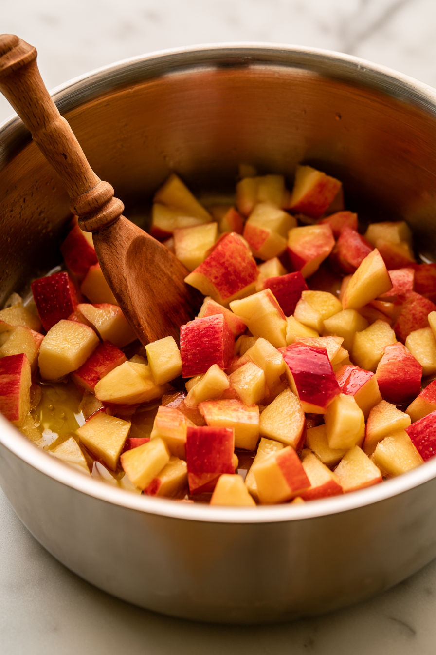 Once melted and fragrant, toss in the chopped apples and sauté