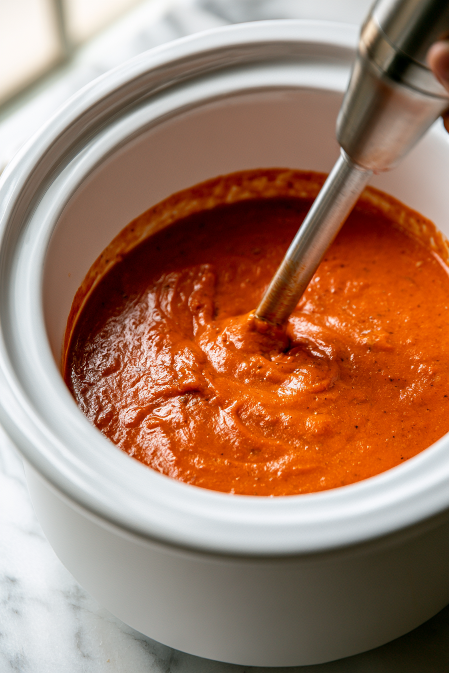 Once the cooking time is complete, use an immersion blender directly in the crockpot to blend the soup until smooth and velvety