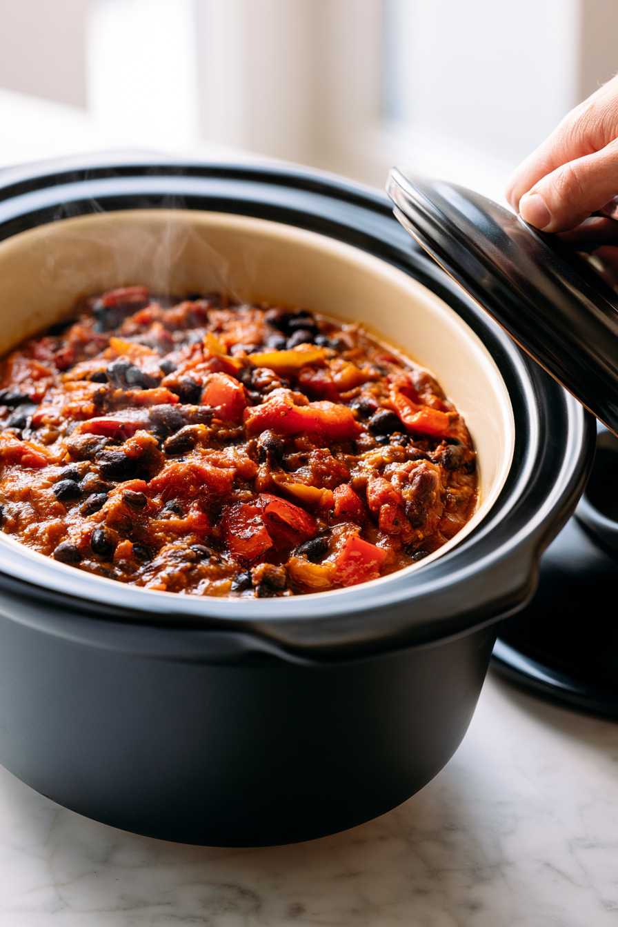 Once the cooking time is up, lift the lid and reveal a thick, hearty chili with a vibrant orange hue and tender beans