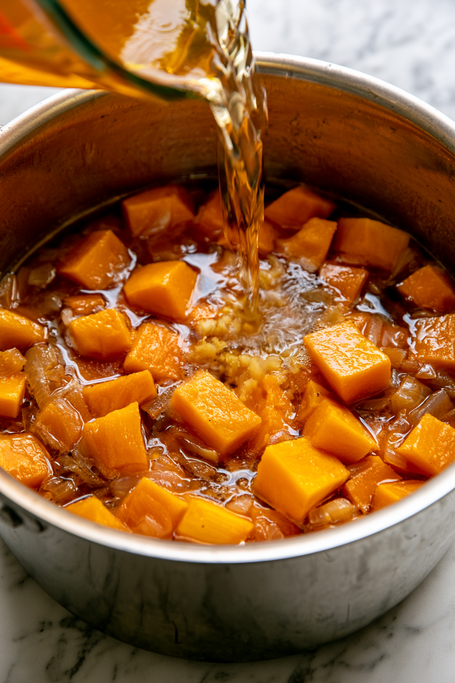 Once the squash is roasted and tender, carefully transfer the chunks to the pot. Pour in the vegetable broth and bring the mixture to a gentle simmer