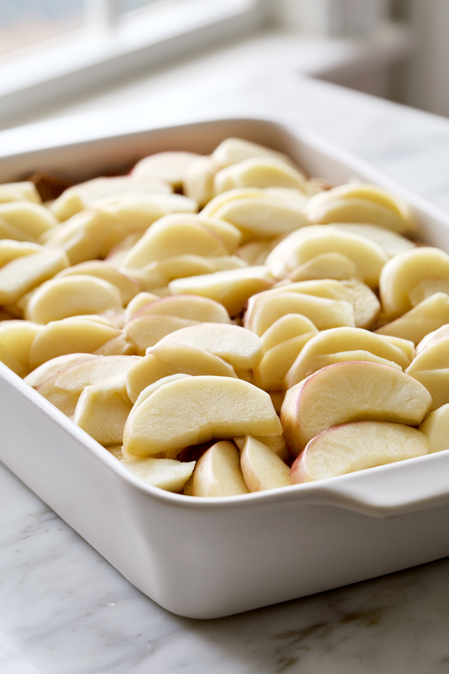 Peel, core, and thinly slice the apples, then scatter them over the bread layers, distributing them evenly for consistent bites.