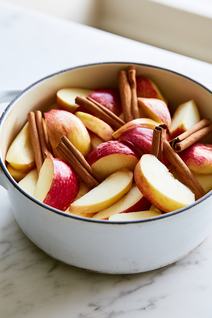 Place the apple slices into a large pot and add the cinnamon sticks alongside the apples for visual appeal and fragrance.