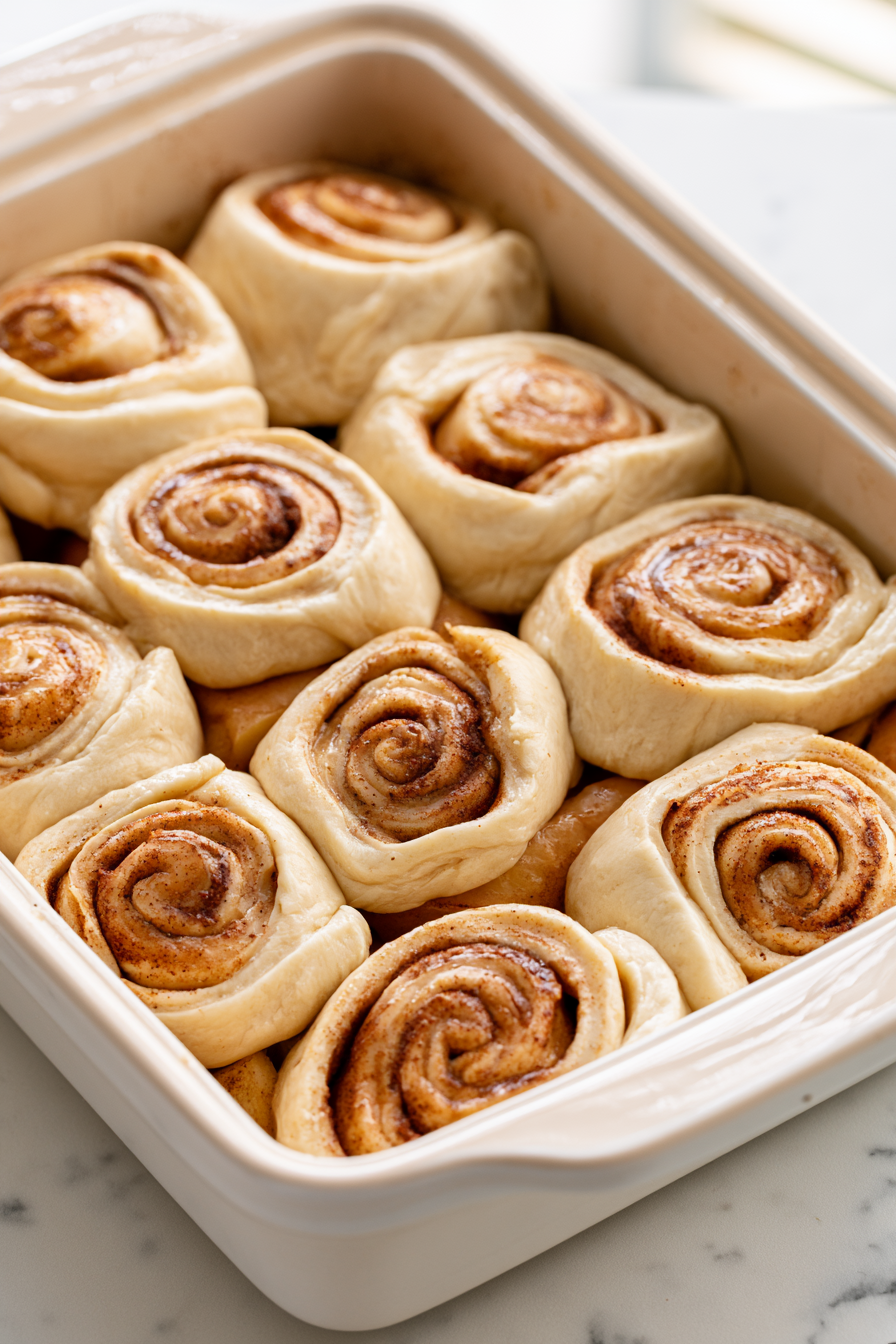 Place the cinnamon rolls on top of the apple layer, arranging them closely together so they touch but don’t overlap excessively
