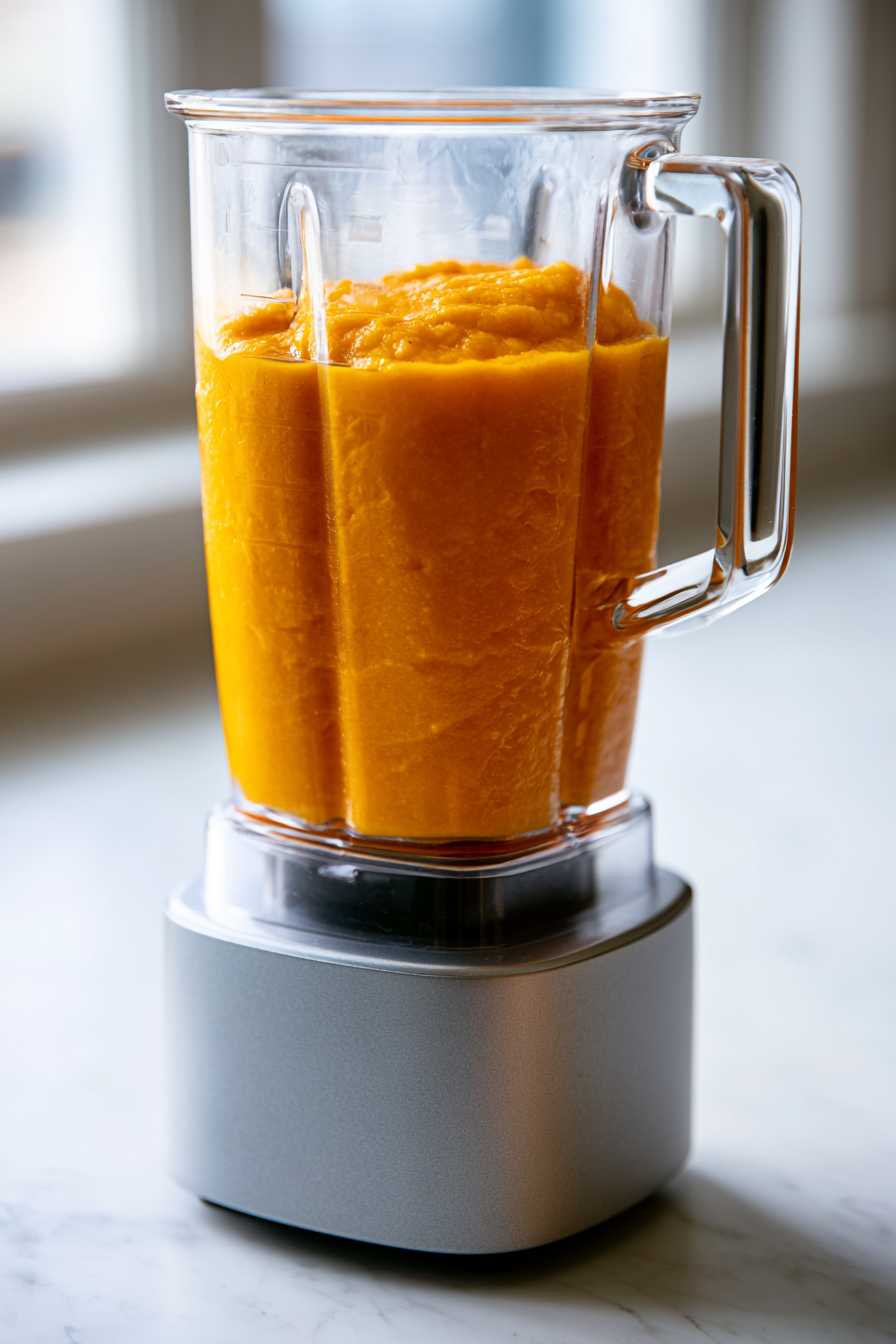 Pour in a cup of warm vegetable broth and blend until completely smooth and creamy, about 1-2 minutes