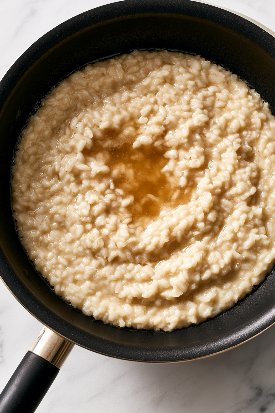 Pour in a ladle of warm vegetable broth, stirring constantly. Wait until the liquid is mostly absorbed before adding another ladle