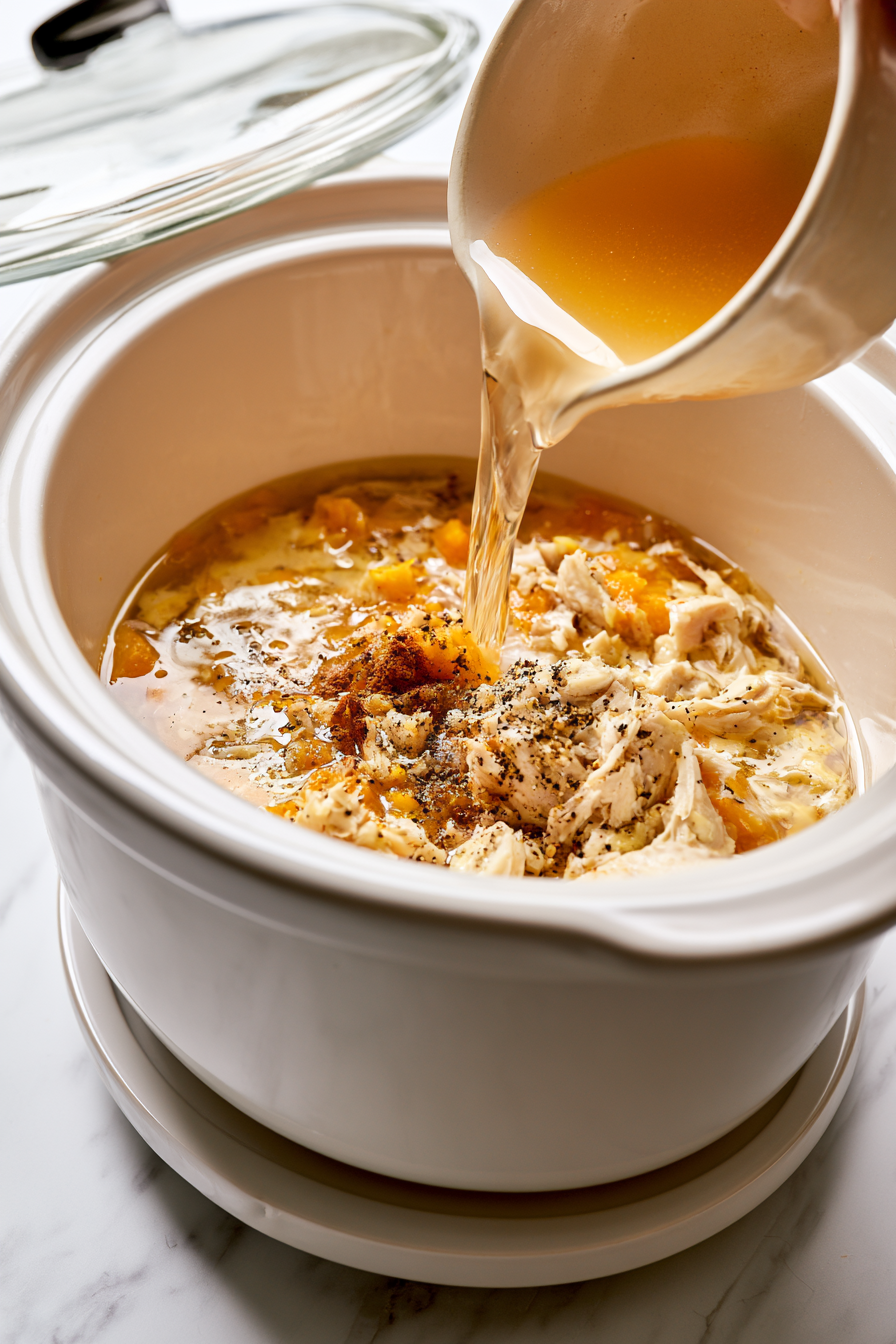 Pour in the chicken broth and sprinkle the cinnamon, ginger, nutmeg, salt, and pepper over the ingredients