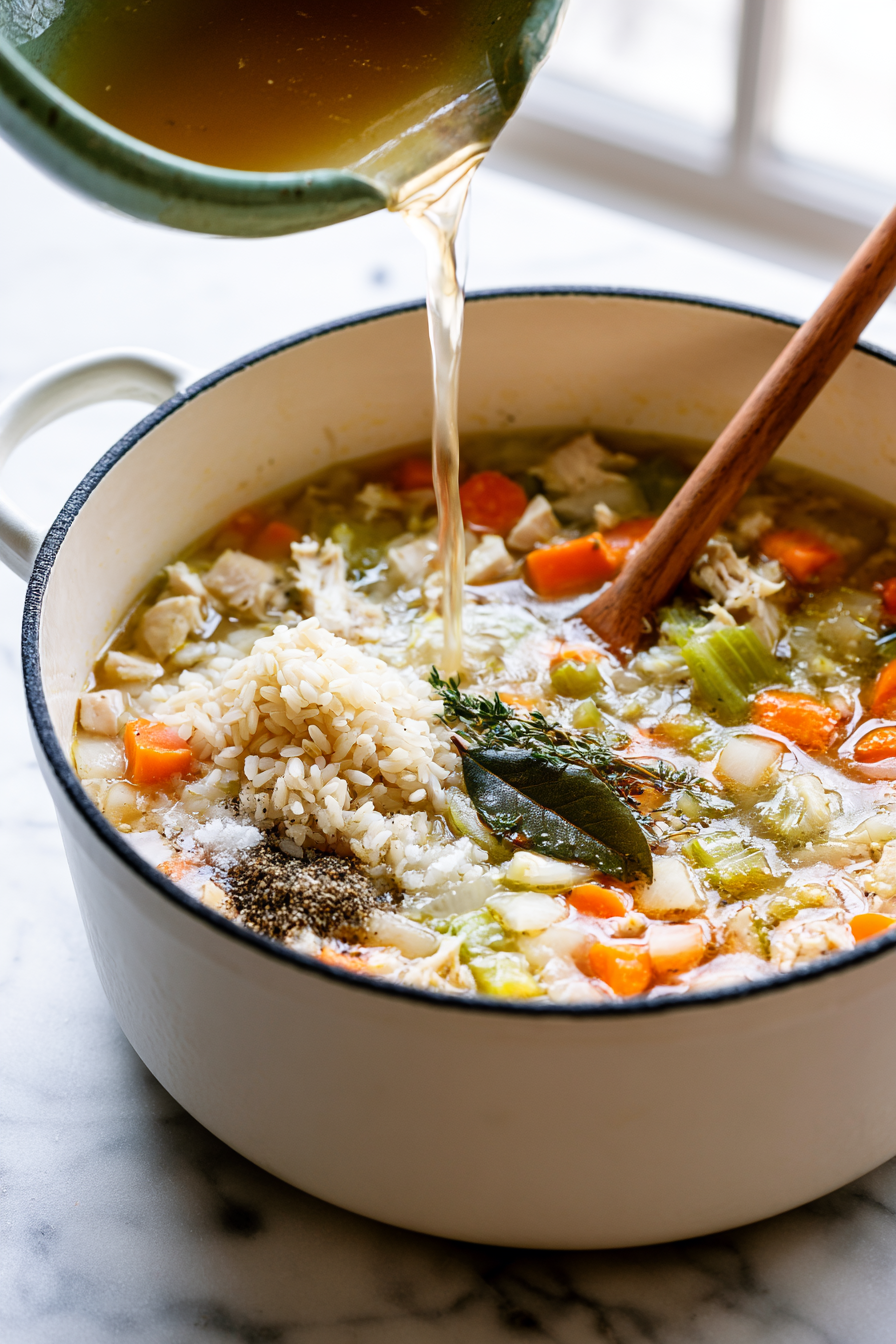 Pour in the chicken broth and stir in the rice