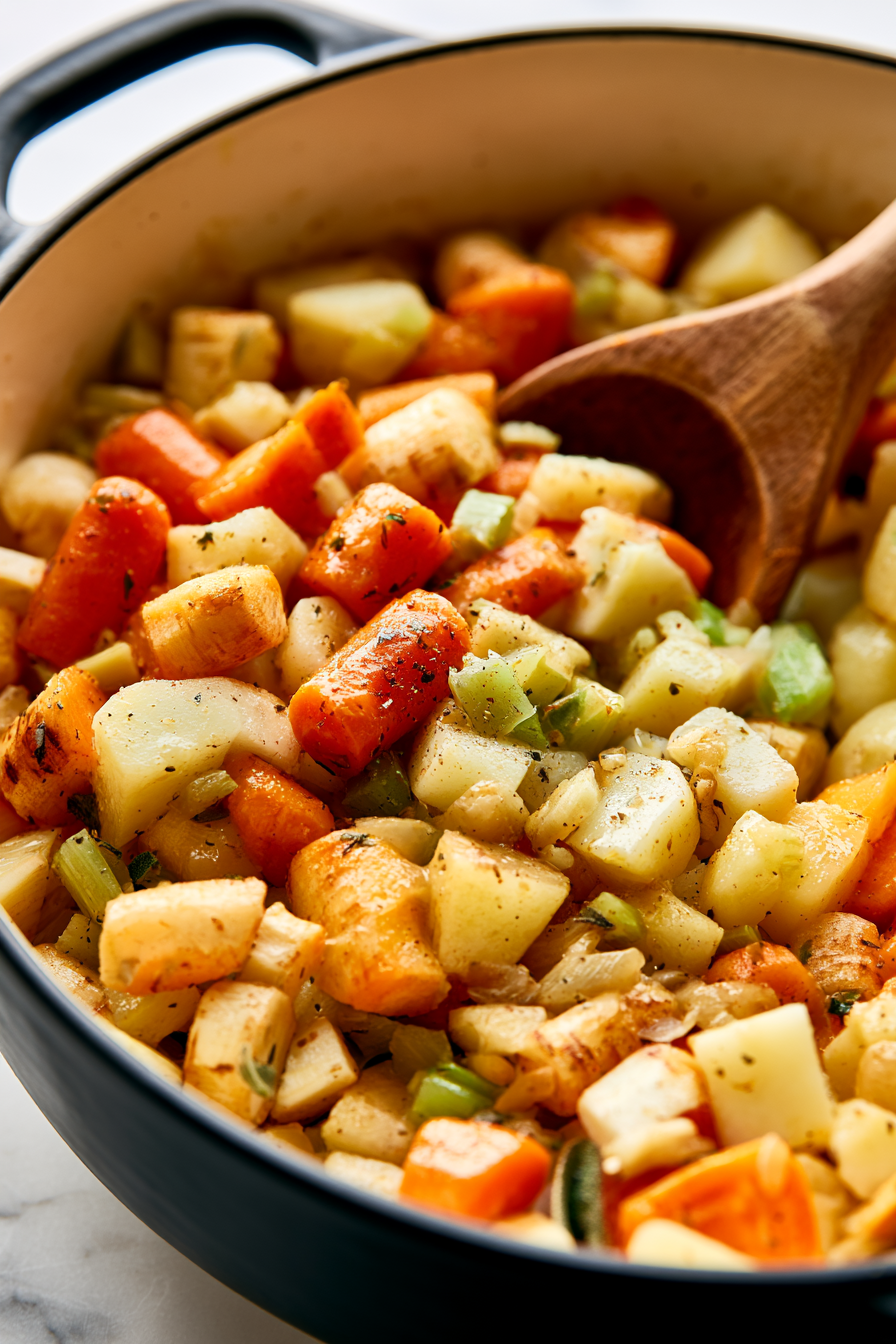 Pour in the chopped seasonal root vegetables and stir to coat them with the aromatic mixture