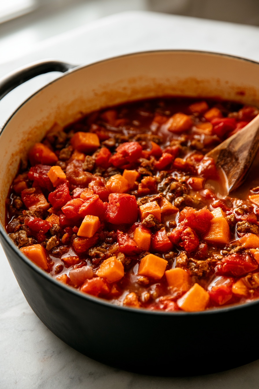 Pour in the diced tomatoes with their juice and the broth