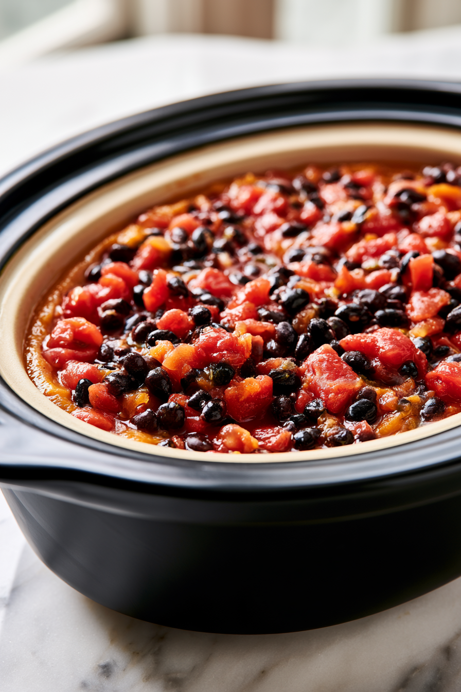 Pour in the drained black beans and diced tomatoes along with their juices, mixing gently to combine