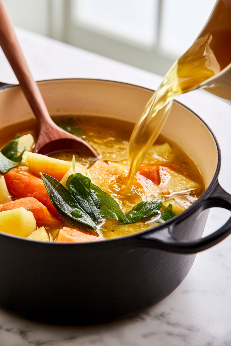 Pour in the sage-infused chicken broth and bring the mixture to a gentle simmer