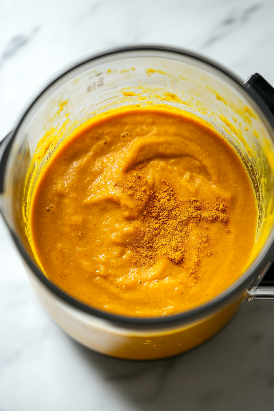 Pour in the vegetable broth and blend until smooth and creamy — the mixture should be velvety and vibrant orange