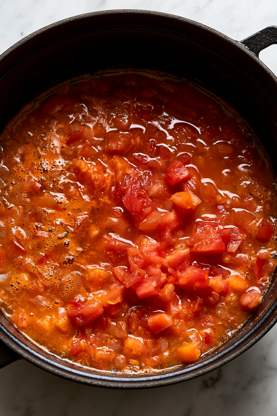 Pour in the vegetable broth and diced tomatoes with their juice. Bring the mixture to a gentle simmer