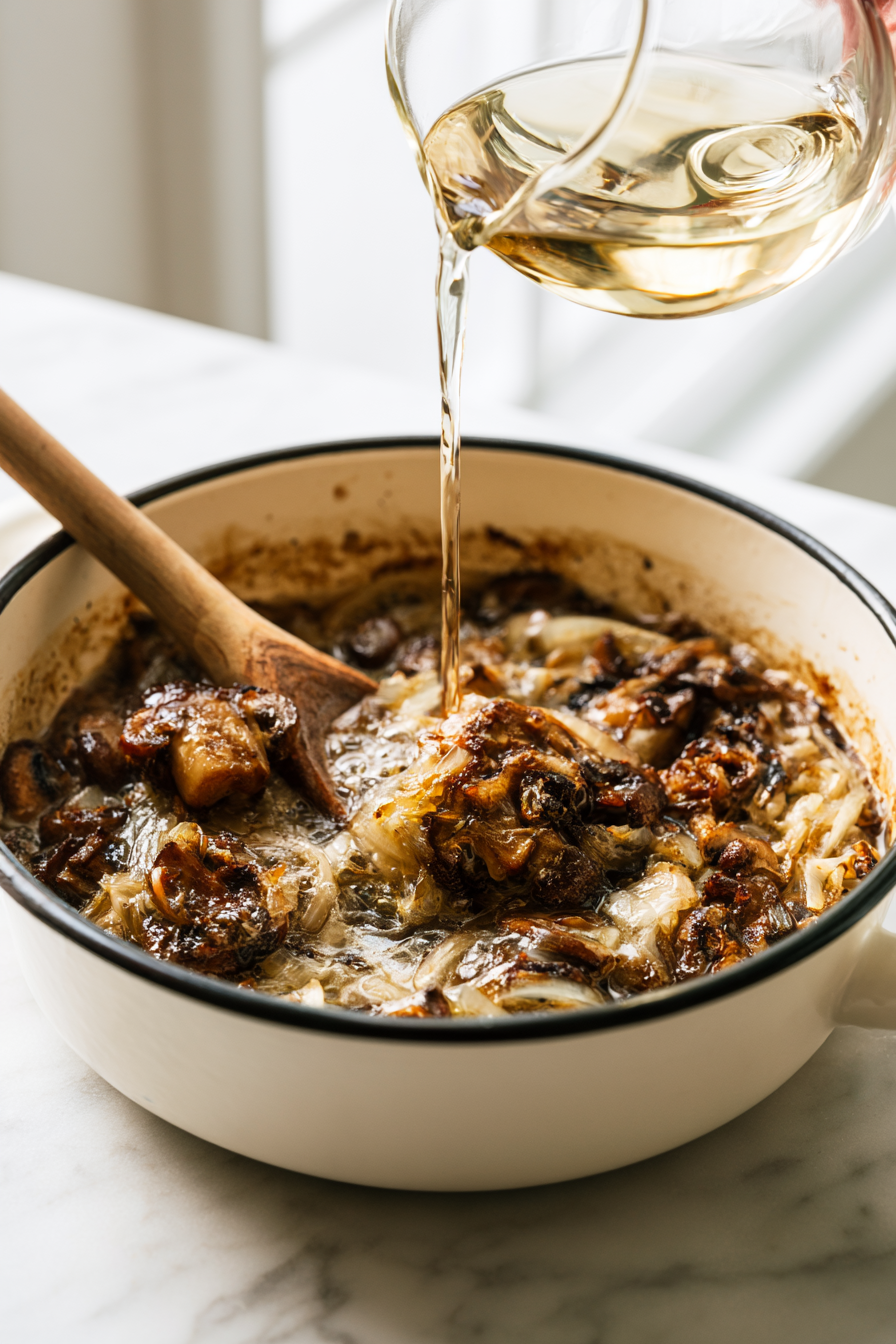 Pour in the white wine to deglaze the pan, scraping up any browned bits from the bottom.