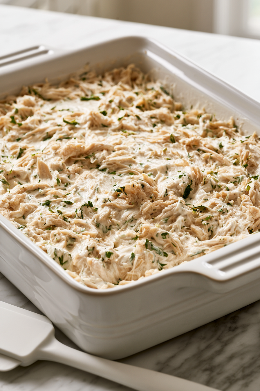 Pour the chicken mixture into the prepared baking dish, spreading it out evenly with a spatula or spoon