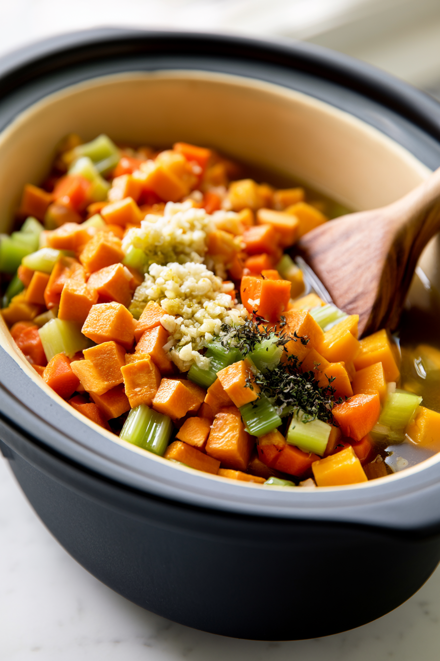 Pour the cooked garlic and oil into the slow cooker, then add the chopped root vegetables, dried thyme, and vegetable broth