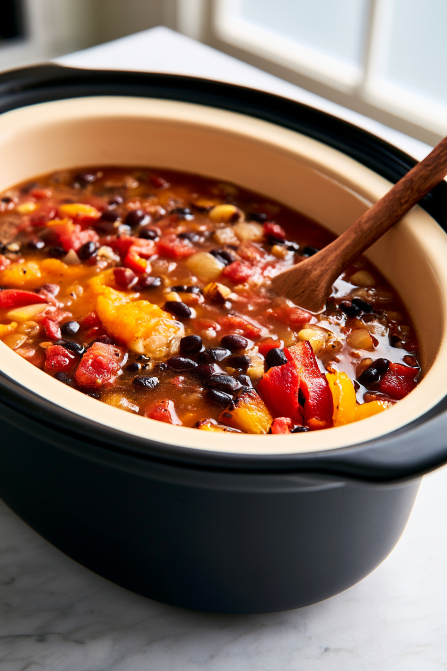 Pour the vegetable broth into the crockpot, ensuring all ingredients are partially submerged