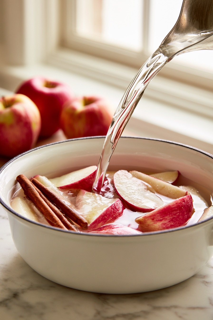 Pour water over the ingredients until they are just covered, ensuring the apples are submerged.