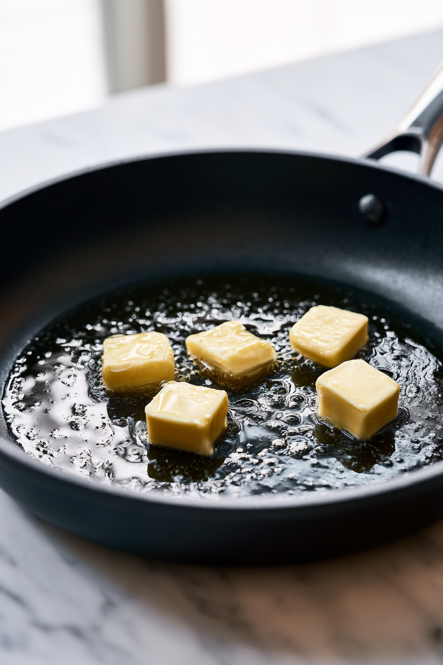 Preheat your non-stick skillet or griddle over medium heat, then add a tablespoon of butter or oil to coat the surface.