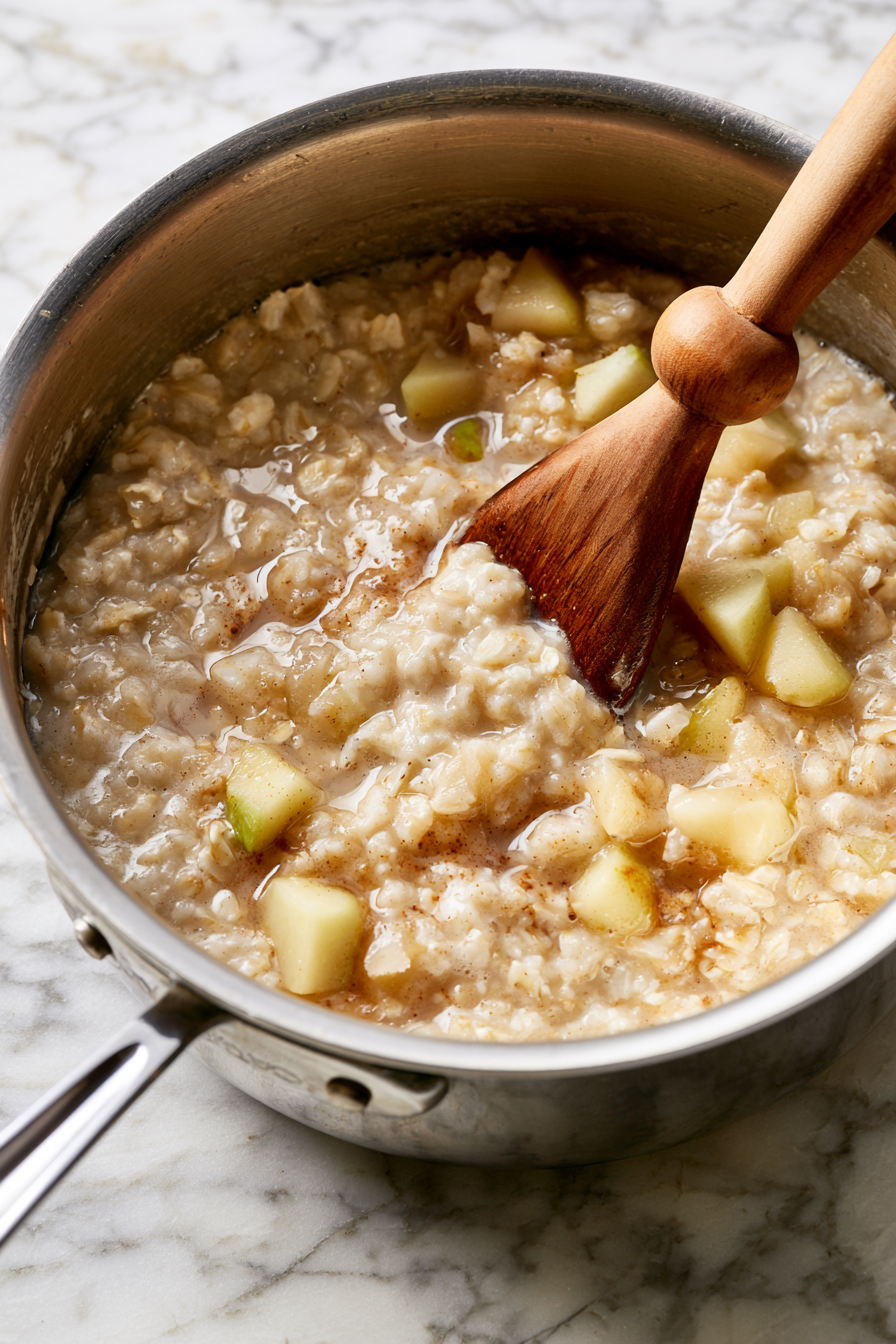 Reduce the heat to medium-low and cook, stirring occasionally, until the oats have absorbed the liquid and the apples are tender